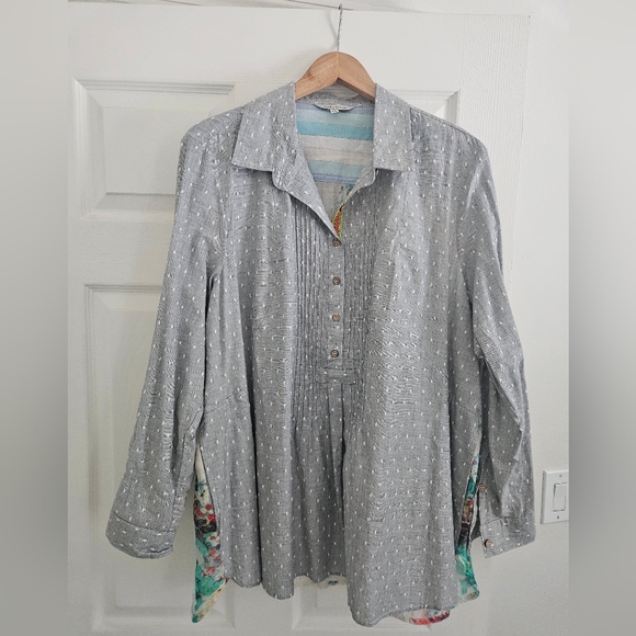 NWT John Mark Mixed Media Polka Dot Boho Embroidered Floral Detailed Shirt XL - Picture 1 of 9